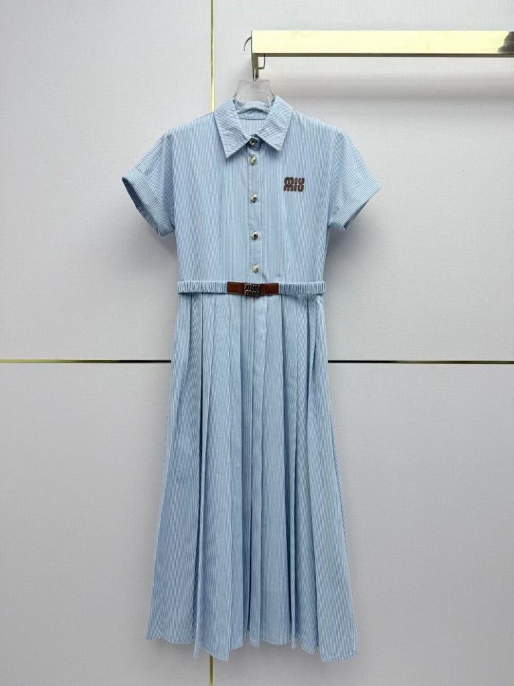 Preppy Miu Miu Collared Short Sleeve Pleated Cotton Dress Embroidery Chest Logo